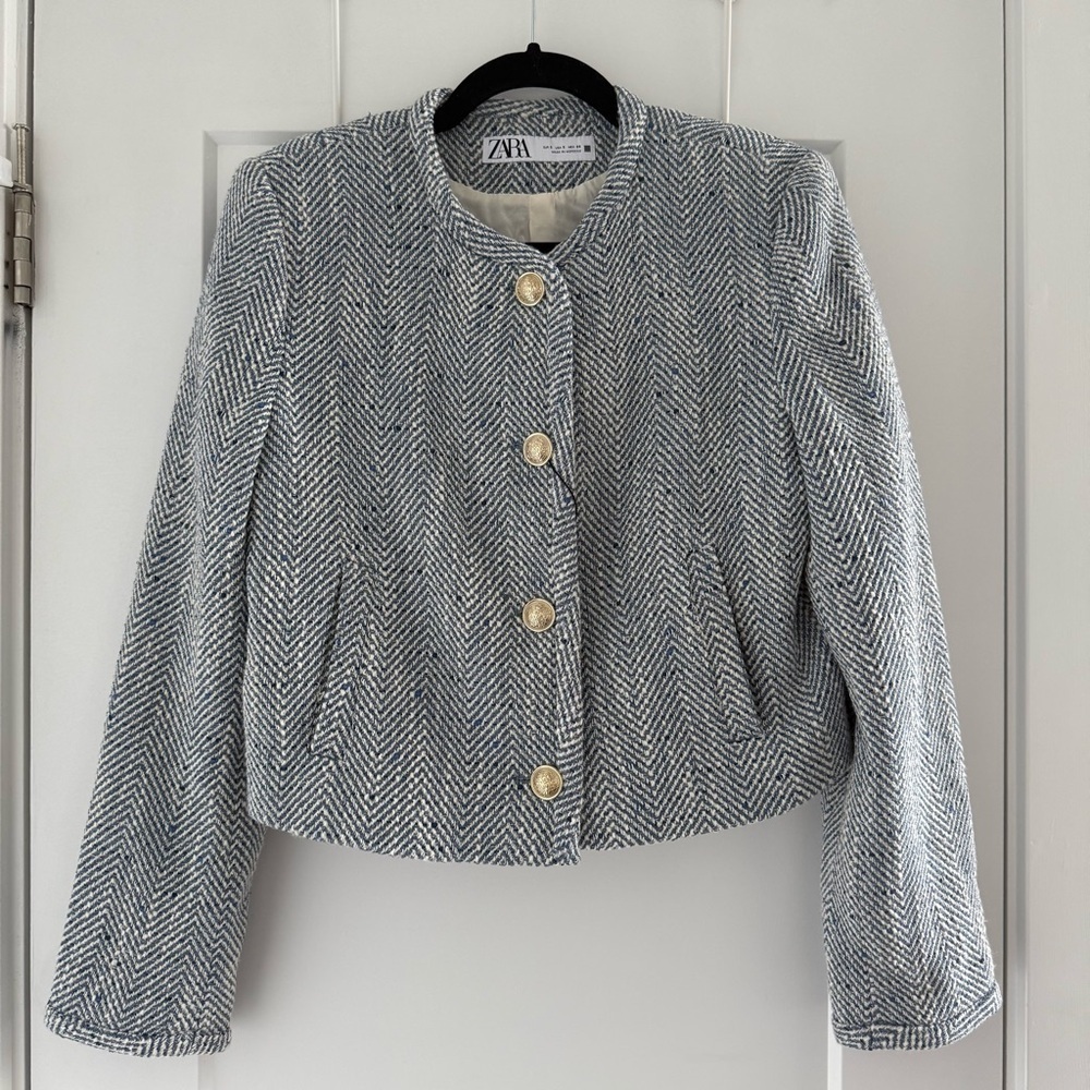 Zara blue & white cotton tweed herringbone blazer jacket - size Small (S) NWT - Picture 8 of 10